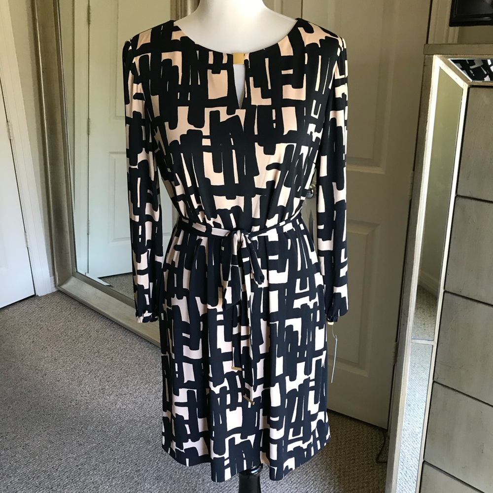 Tahari Long Sleeve Dress with Black and Cream Pattern